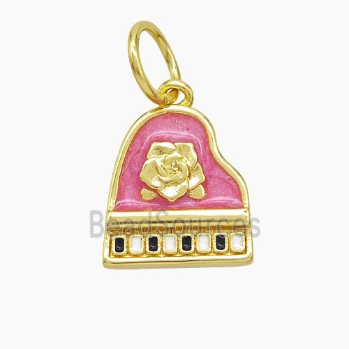 Piano Charms Copper Pendant Pink Painted Flower Musical Gold Plated