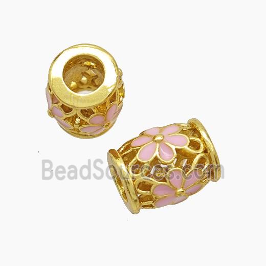 Copper Barrel Beads Pink Enamel Flower Large Hole Hollow Gold Plated