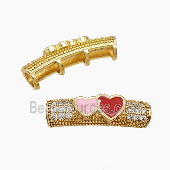Copper Tube Beads Pave Zirconia Pink Red Enamel Heart Curving Large Hole Gold Plated