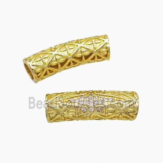 Copper Tube Beads Pave Zirconia Curving Large Hole Gold Plated