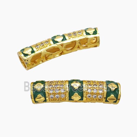 Copper Tube Beads Pave Zirconia Green Enamel Curving Large Hole Gold Plated