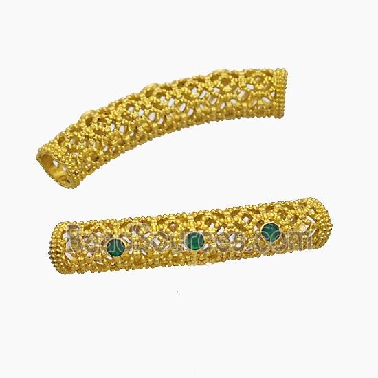 Copper Tube Beads Pave Jade Hollow Curving Large Hole Gold Plated