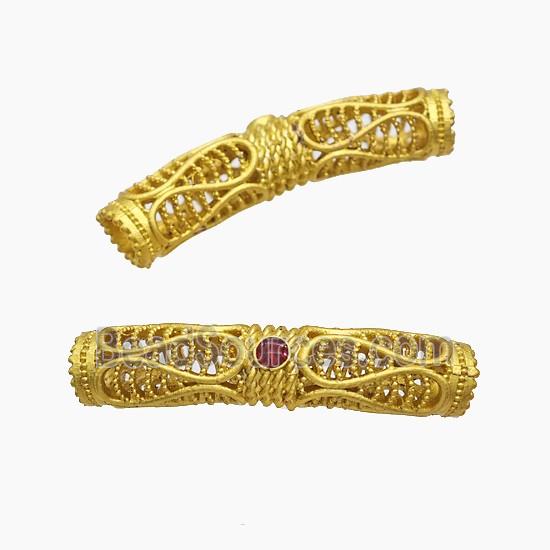 Copper Tube Beads Pave Jade Curving Large Hole Gold Plated