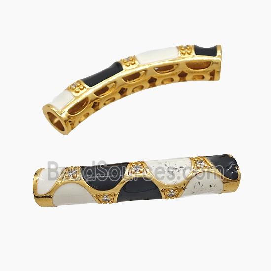 Copper Tube Beads Pave Zirconia White Black Enamel Curving Large Hole Gold Plated