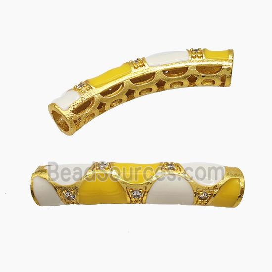 Copper Tube Beads Pave Zirconia White Yellow Enamel Curving Large Hole Gold Plated