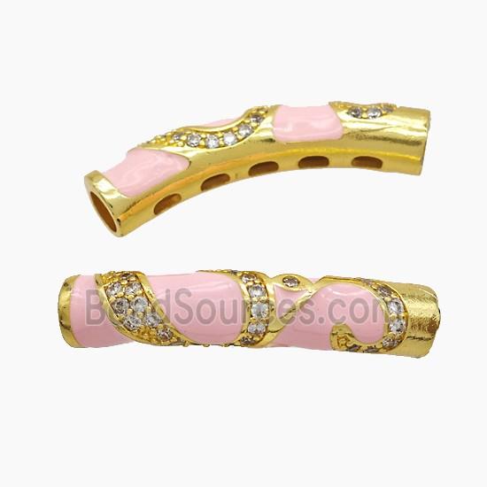 Copper Tube Beads Pave Zirconia Pink Enamel Large Hole Curving Gold Plated