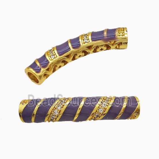 Copper Tube Beads Pave Zirconia Purple Enamel Large Hole Curving Gold Plated