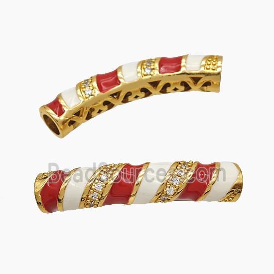 Copper Tube Beads Pave Zirconia White Red Enamel Large Hole Curving Gold Plated