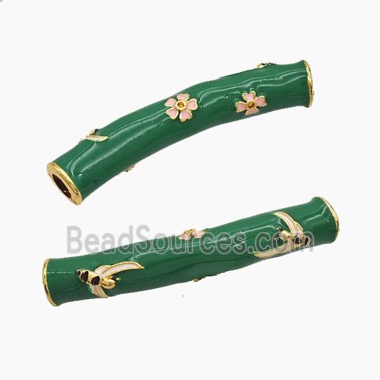 Copper Tube Beads Green Enamel Large Hole Flower Curving Gold Plated