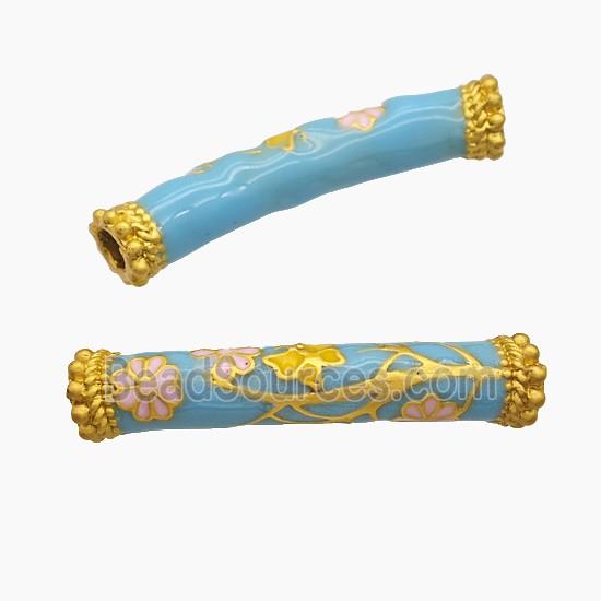 Copper Tube Beads Turqblue Enamel Large Hole Curving Flower Gold Plated