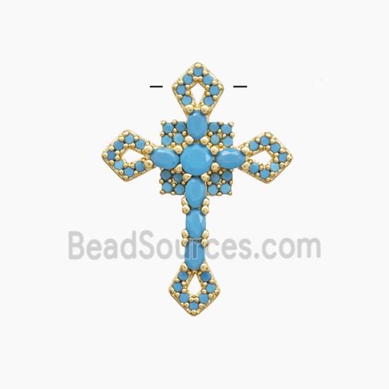 Copper Cross Pendant Pave Turqblue Zirconia Gold Plated