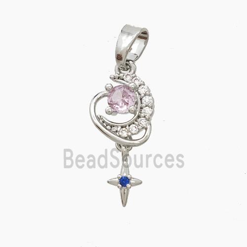 Copper Moon Pendant Pave Zirconia Crystal Glass Star Platinum Plated