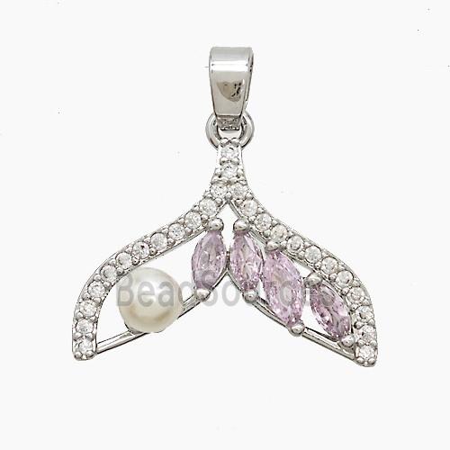 Copper Shark-Tail Pendant Pave Zirconia Crystal Glass Resin Platinum Plated