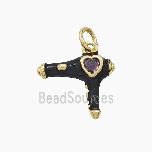 Copper Hairdriver Pendant Pave Zirconia Black Enamel Gold Plated