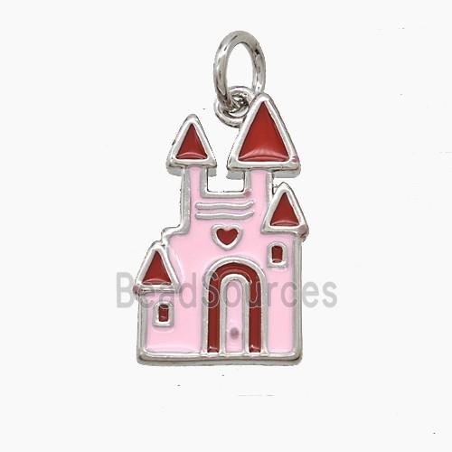 Halloween Castle Charms Copper Pendant Pink Red Enamel Platinum Plated