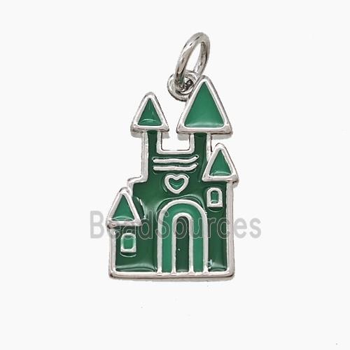 Halloween Castle Charms Copper Pendant Green Enamel Platinum Plated