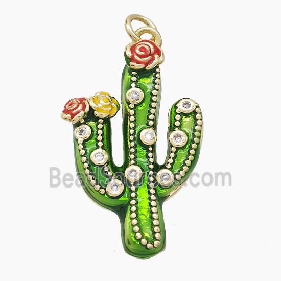 Copper Cactus Pendant Pave Zirconia Green Painted Gold Plated