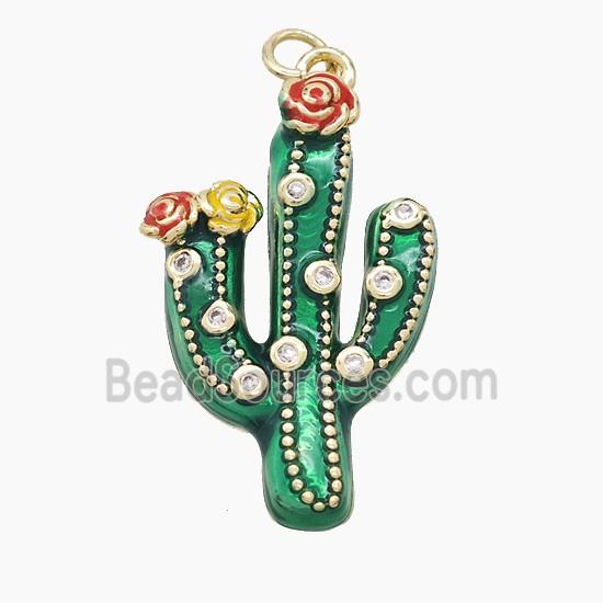 Copper Cactus Pendant Pave Zirconia Green Painted Gold Plated