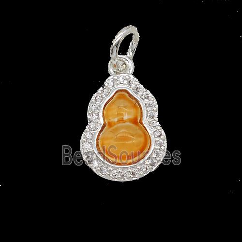 Copper Gourd Pendant Pave Zirconia Orange Catseye Shiny Silver