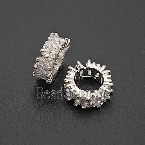 Copper Rondelle Beads Pave Zirconia Large Hole Shiny Silver