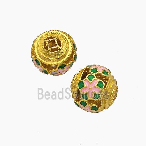 Copper Round Flower Beads Enamel Hollow Gold Plated