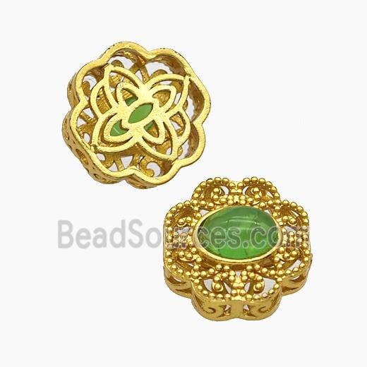 Copper Flower Beads Pave Catseye Gold Plated