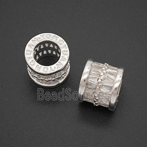 Copper Tube Beads Micropave Zirconia Large Hole Shiny Silver