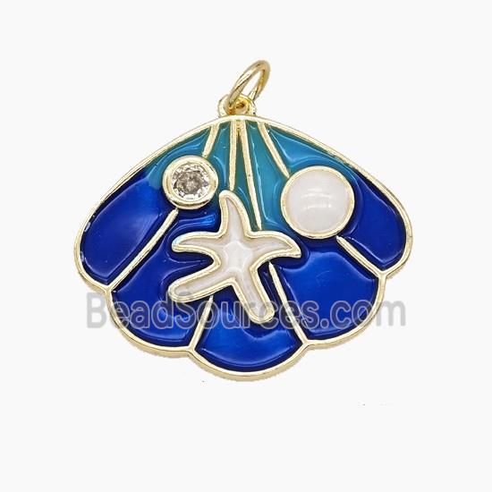 Copper Scallop Shell Pendant Pave Zirconia Royalblue Enamel Gold Plated