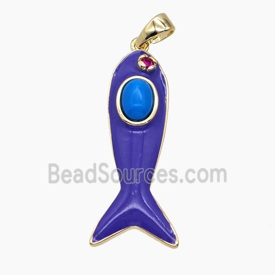 Copper Fish Pendant Pave Jade Lavender Enamel Gold Plated