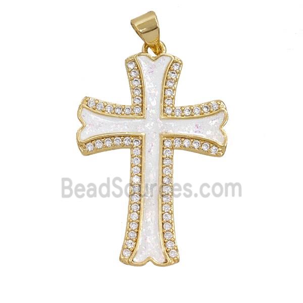Copper Cross Pendant Pave Zirconia White FireOpal 18K Gold Plated