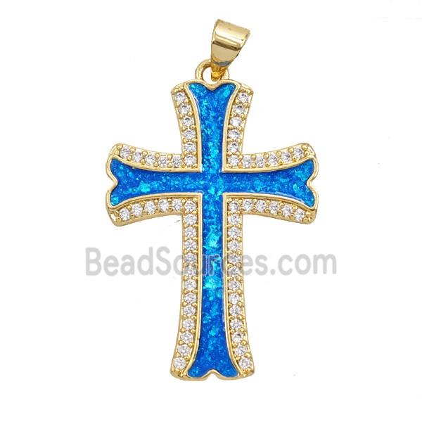 Copper Cross Pendant Pave Zirconia Blue FireOpal 18K Gold Plated