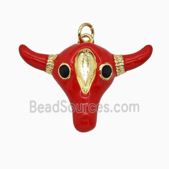 Copper Bull-Head Pendant Red Enamel Gold Plated