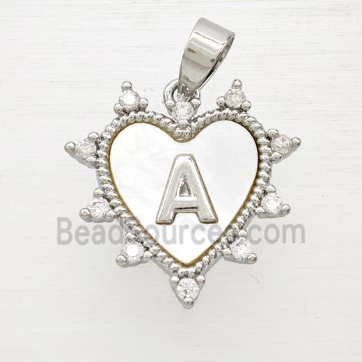 Copper Letter-A Heart Pendant Pave Zirconia Shell Platinum Plated