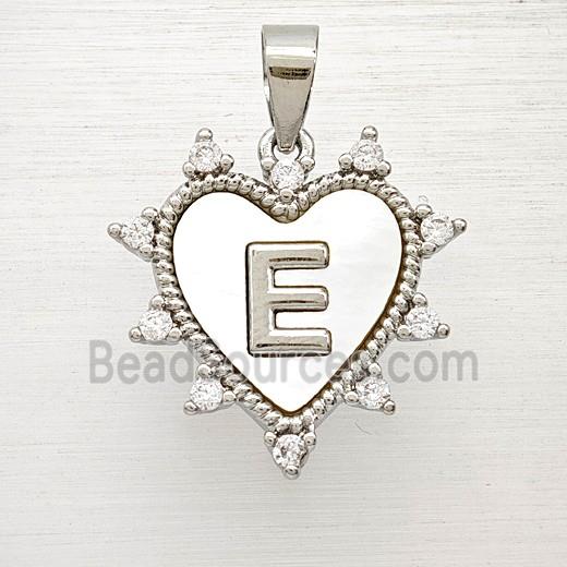 Copper Letter-E Heart Pendant Pave Zirconia Shell Platinum Plated