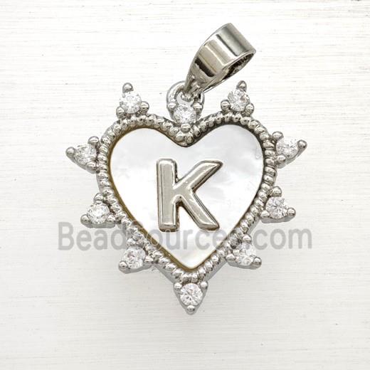 Copper Letter-K Heart Pendant Pave Zirconia Shell Platinum Plated