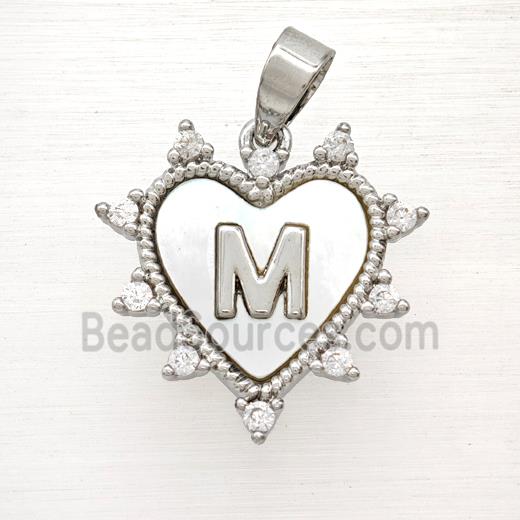 Copper Letter-M Heart Pendant Pave Zirconia Shell Platinum Plated