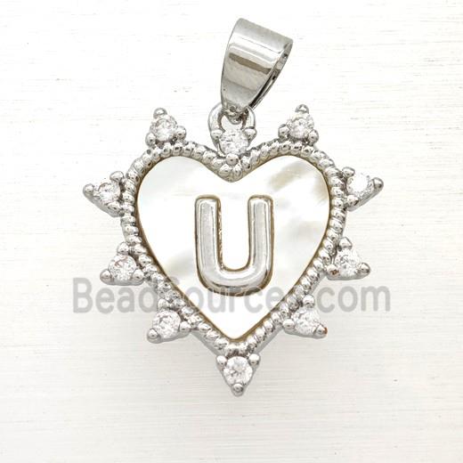 Copper Letter-U Heart Pendant Pave Zirconia Shell Platinum Plated