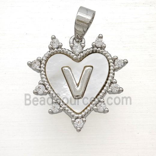 Copper Letter-V Heart Pendant Pave Zirconia Shell Platinum Plated