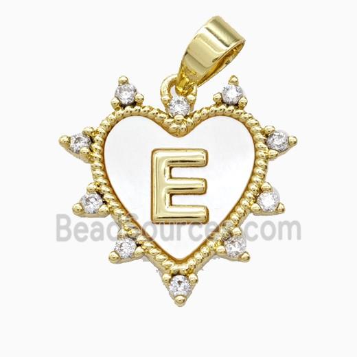 Copper Letter-E Heart Pendant Pave Zirconia Shell Gold Plated