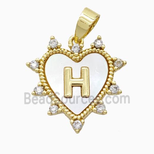 Copper Letter-H Heart Pendant Pave Zirconia Shell Gold Plated