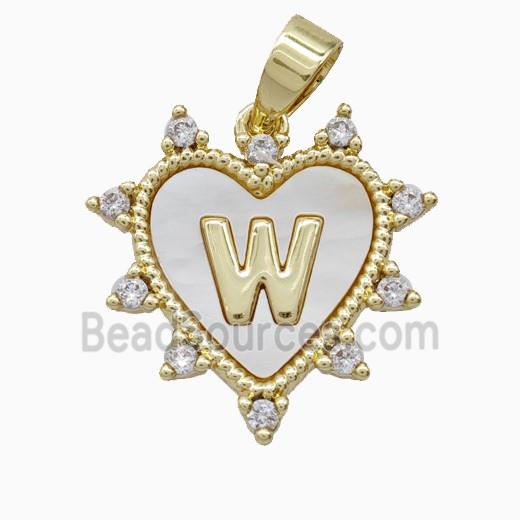 Copper Letter-W Heart Pendant Pave Zirconia Shell Gold Plated