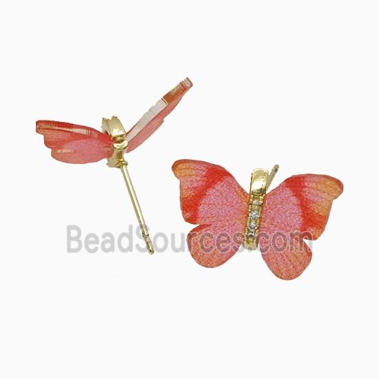 Pink Resin Butterfly Stud Earrings Gold Plated