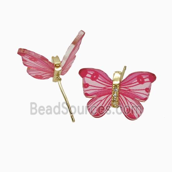 Hotpink Resin Butterfly Stud Earrings Gold Plated