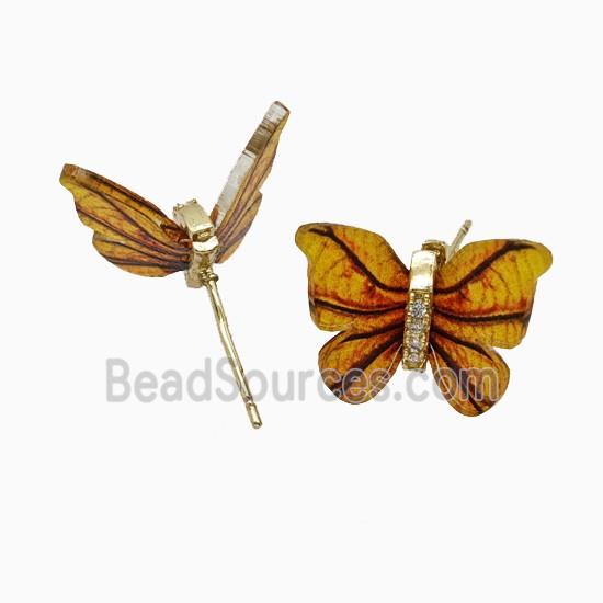 Orange Resin Butterfly Stud Earrings Gold Plated