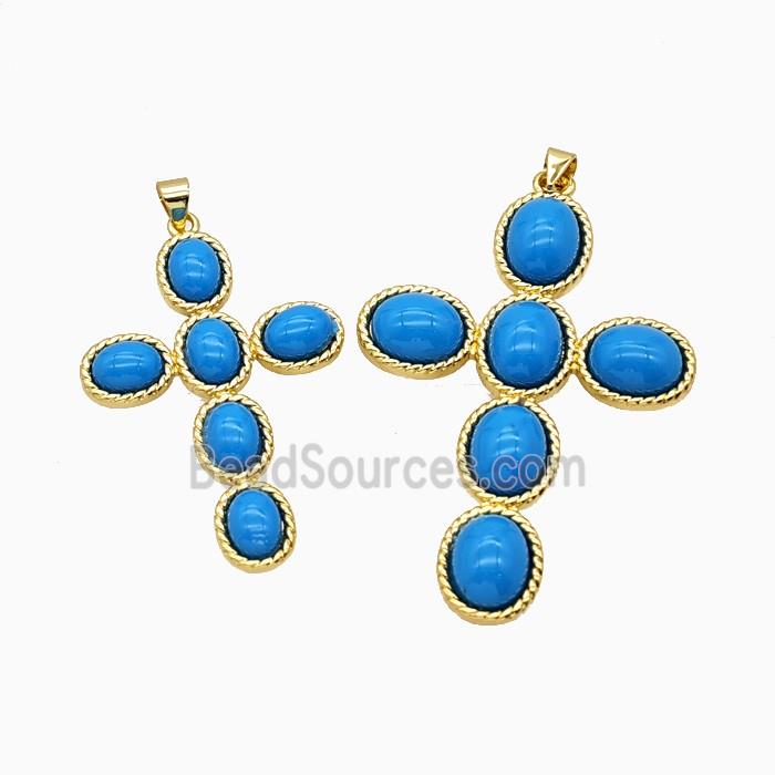 Copper Cross Pendant Pave Blue Jadeite Glass Gold Plated