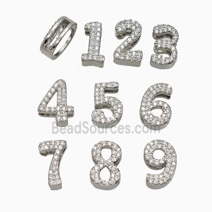 Copper Numbers Beads Pave Zirconia Flat Hole Platinum Plated Mixed