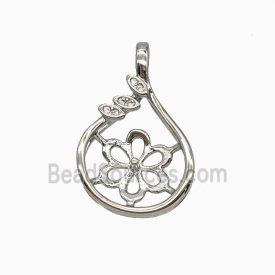 Copper Flower Pendant Pave Zirconia With Bail Platinum Plated