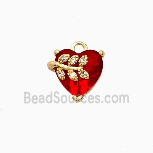 Copper Heart Pendant Pave Crystal Glass Leaf Gold Plated