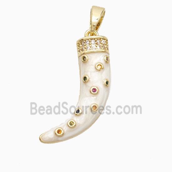 Copper Horn Pendant Pave Zirconia White Enamel Gold Plated
