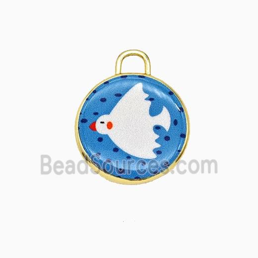 Copper Circle Pendant Painted Birds Gold Plated